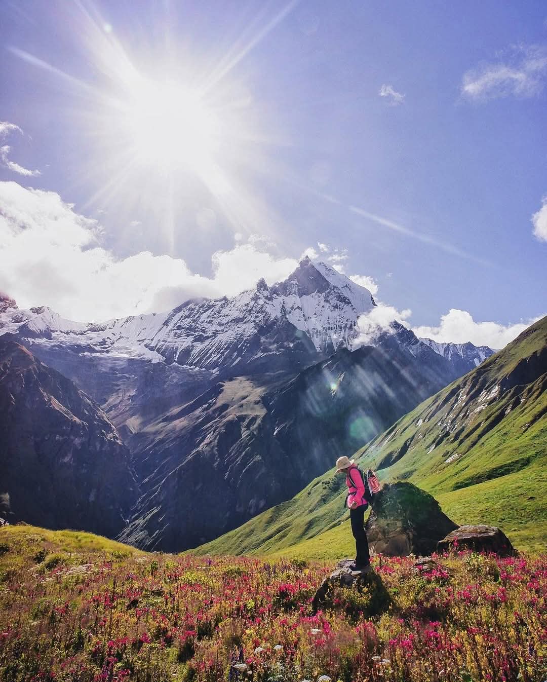 Sunrise view of Annapurna I from Annapurna Base Camp during trekking in Nepal