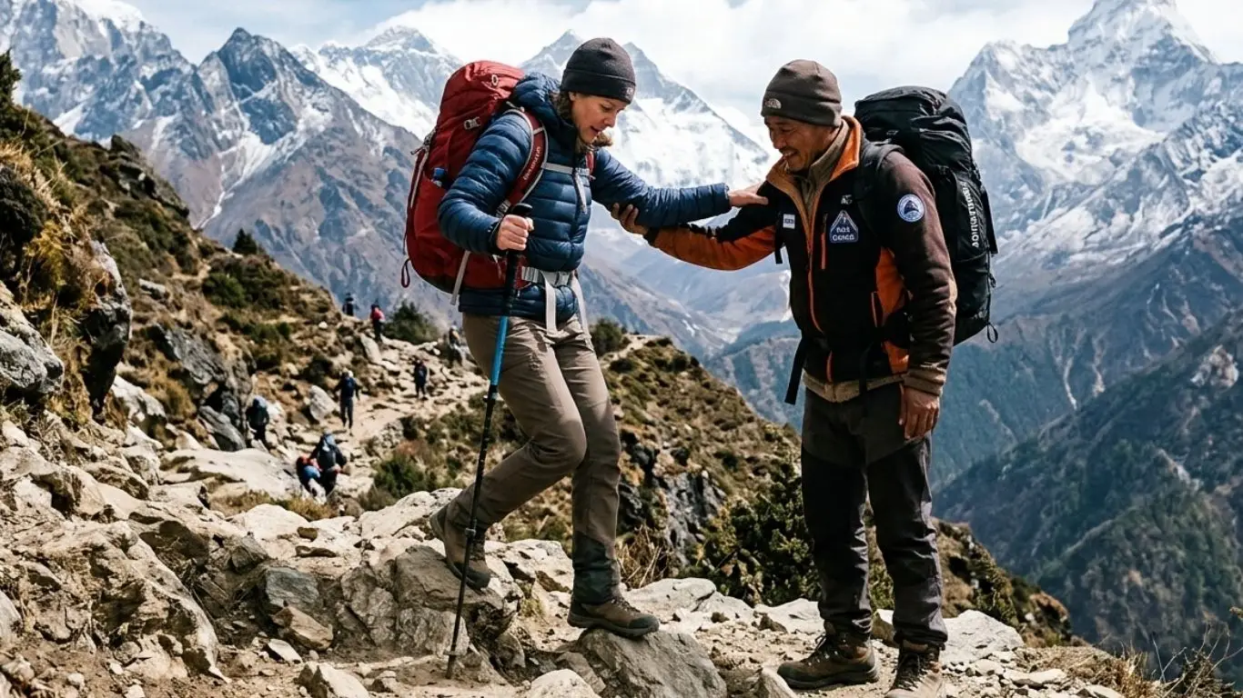 Local guide helping trekker on steep Himalayan trail