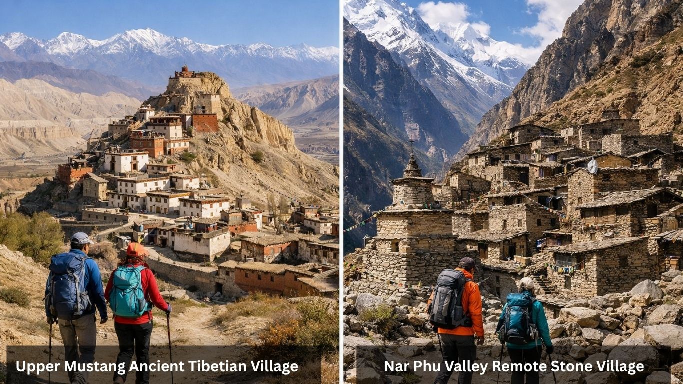 Remote trekking landscapes of Upper Mustang and Nar Phu Valley