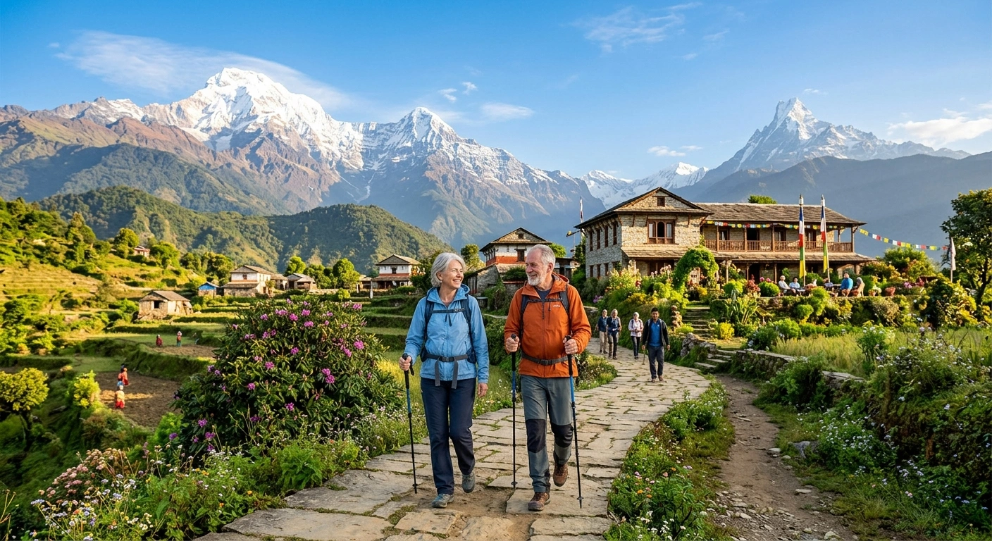 An active senior couple with trekking poles and daypacks hiking along a paved stone path past a luxury mountain lodge in Nepal, with terraced fields and snow-capped Himalayan peaks in the background.