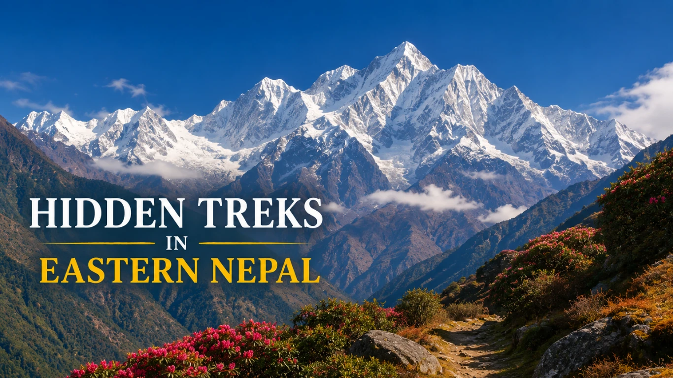 Beautiful mountain landscape featuring remote trekking trails in Eastern Nepal with panoramic Himalayan views