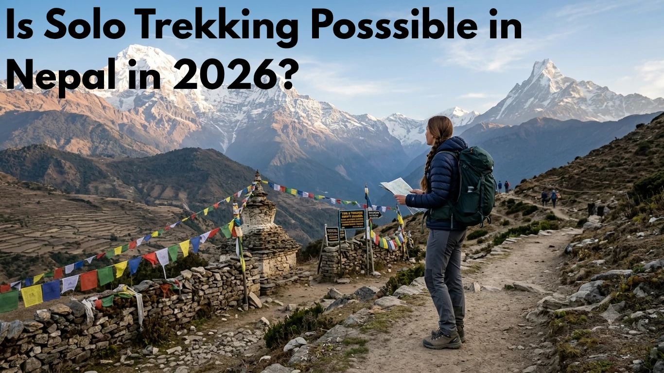 A solo trekker with a backpack checking a map on a scenic Himalayan trail in Nepal, surrounded by traditional prayer flags and majestic snow-capped mountains