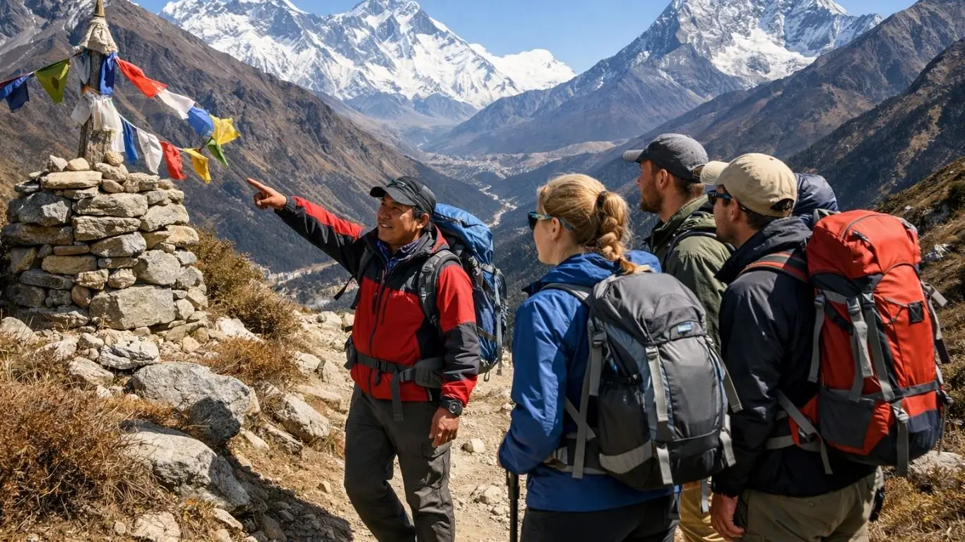 Local Nepali trekking guide walking with foreign trekkers in Himalayan trail