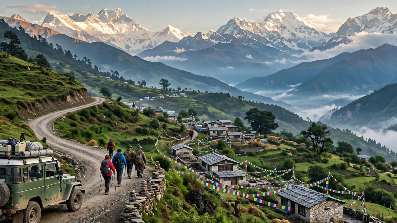 Trekkers walking toward Everest Base Camp after traveling overland from Salleri