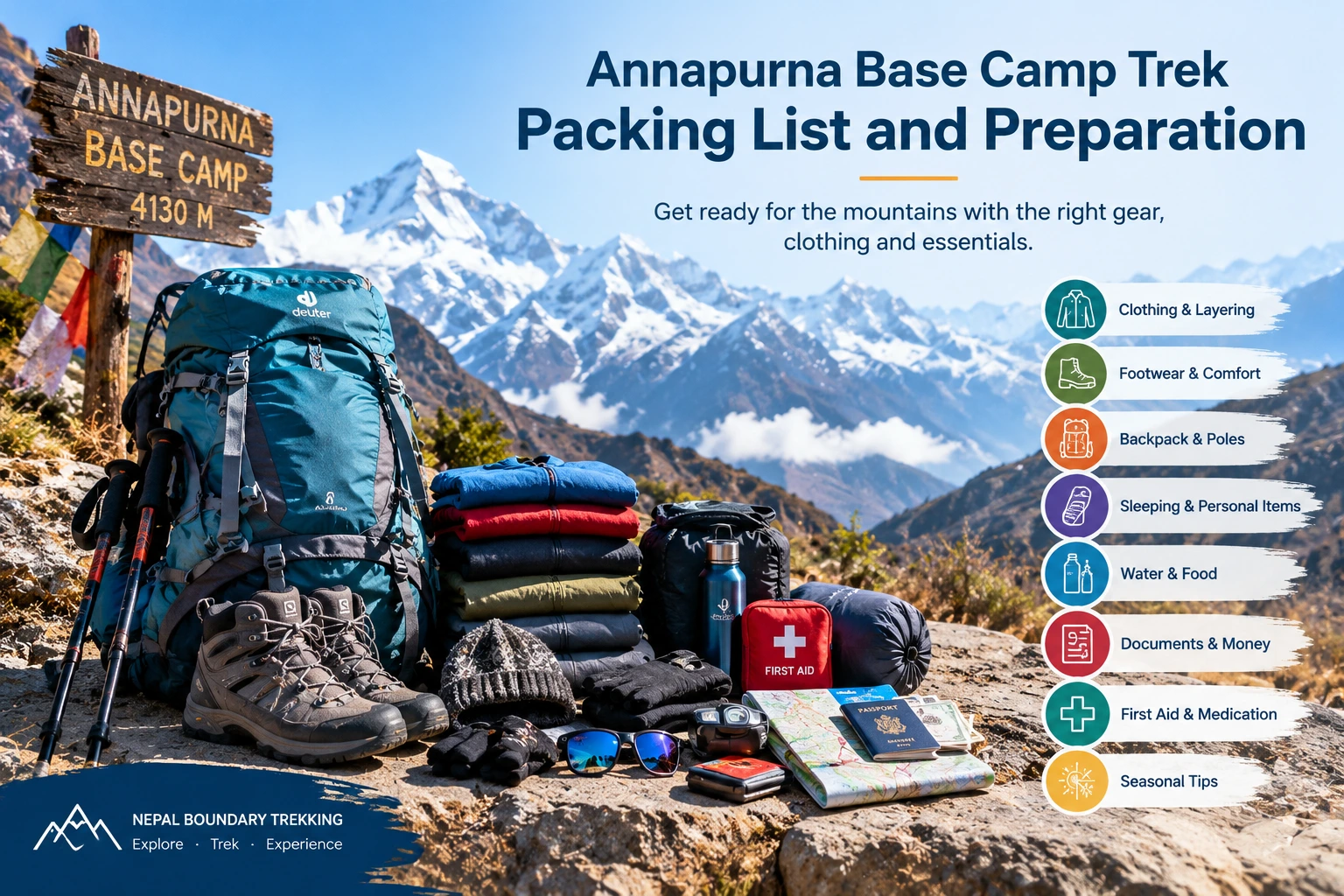 Essential trekking gear, backpack, warm clothing and hiking boots for the Annapurna Base Camp trek in Nepal