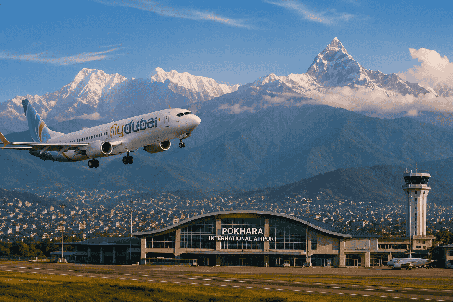 Direct flydubai flight arriving at Pokhara international Airport with Machhapuchhre and Annapurna Mountain